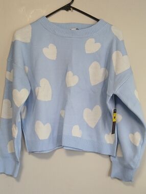 No Boundaries Light Blue Heart Print Crewneck Sweater
